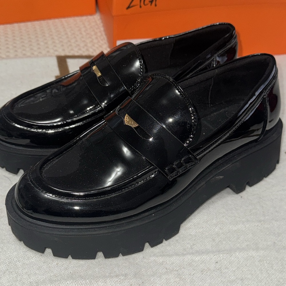 Zara Black Patent Leather Lug Sole Loafers